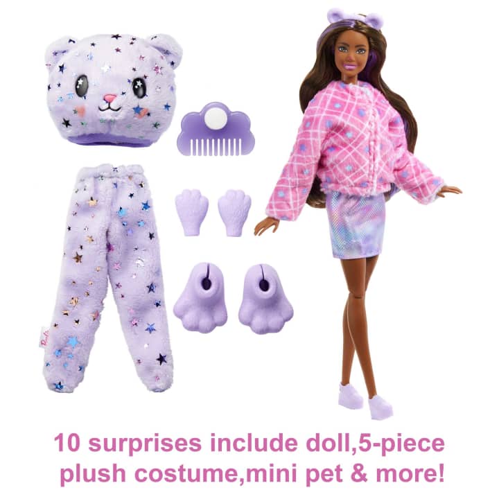 Shows that each surprise Barbie comes with a Barbie with an outfit, a 7 piece plush costume, a comb, and a mini pet.
