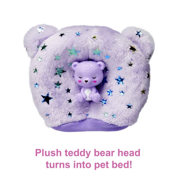 Shows that the plush teddy bear head turns into a pet bed for the included mini pet.