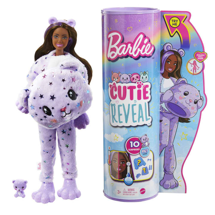 Image of the packaging for the Barbie Cutie Reveal Teddy Plush Costume Doll blind box.
