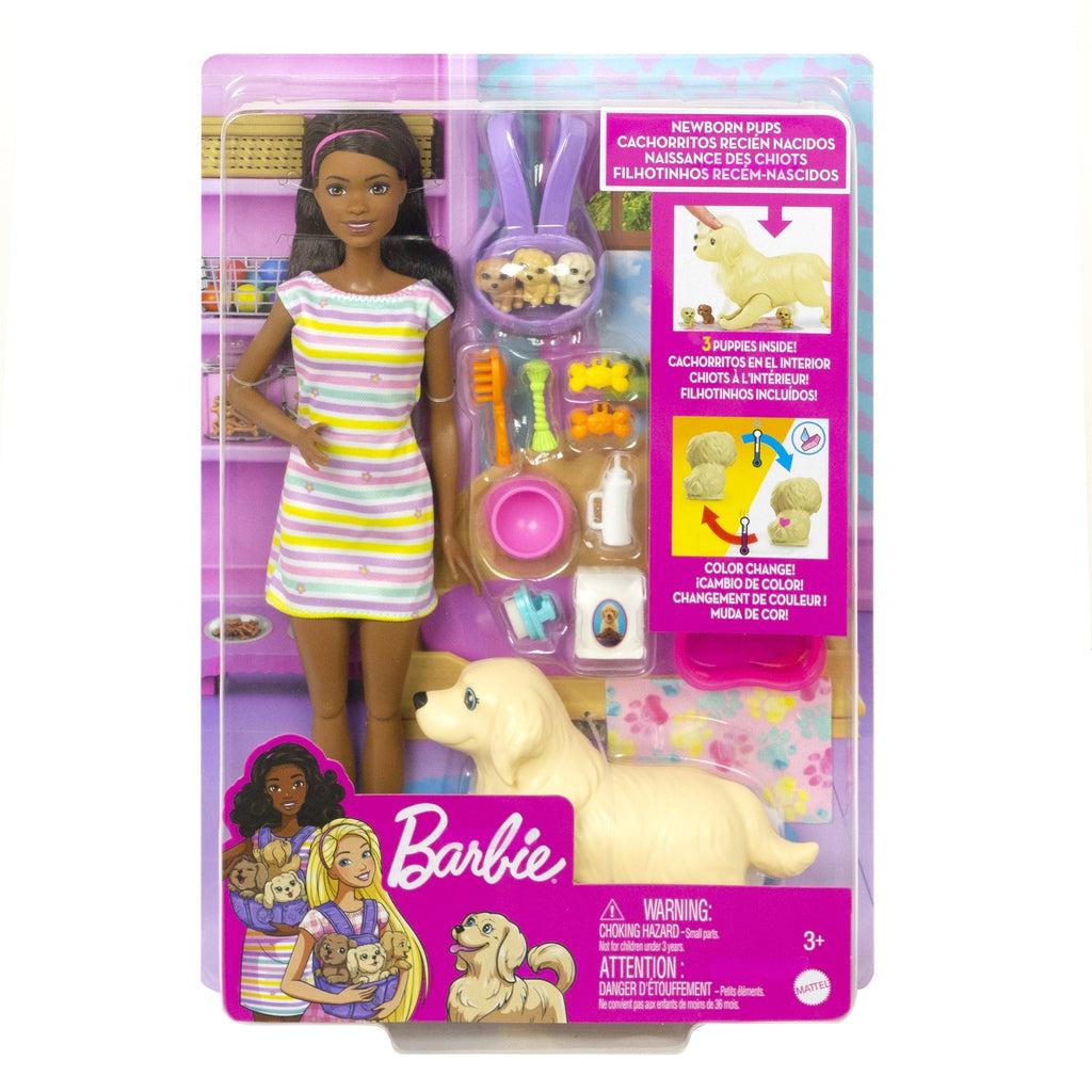 Image of the packaging for the Barbie Doll and Newborn Pups playset. The front is made from clear plastic so you can see all the included pieces inside.