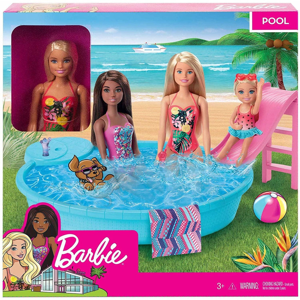 Image of the packaging for the Barbie Doll and Pool Playset. The front of the box has a picture of Barbie in the pool with her friends. In the top left corner there is a window that shows the included Barbie inside of the bowx.