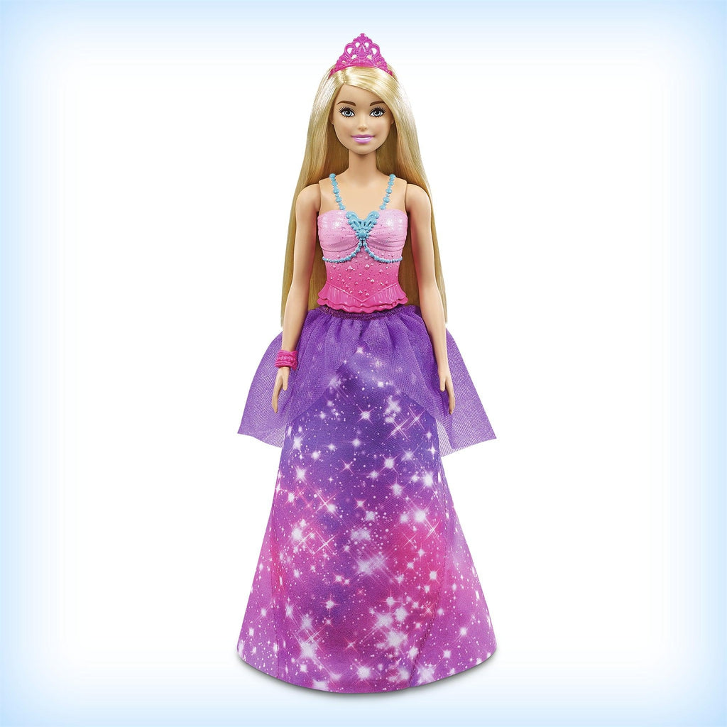Shows Barbie in her princess form. Her dress has a pink bodice and a purple skirt.