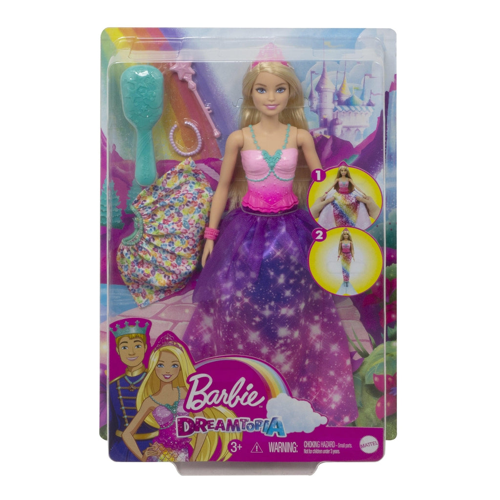 Image of the packaging for Barbie Dreamtopia 2-in-1 Princess. The front is made from clear plastic so you can see all the included pieces.