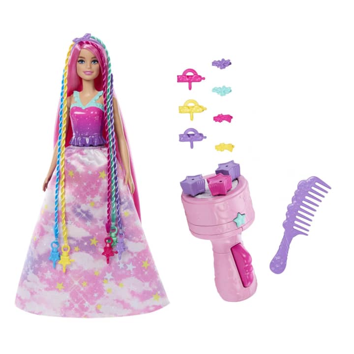 Image of all the included pieces outside of the packaging. The set includes a special pink haired Barbie, a Dream Twister, a comb, hair extensions, and various hair clips and decorations.