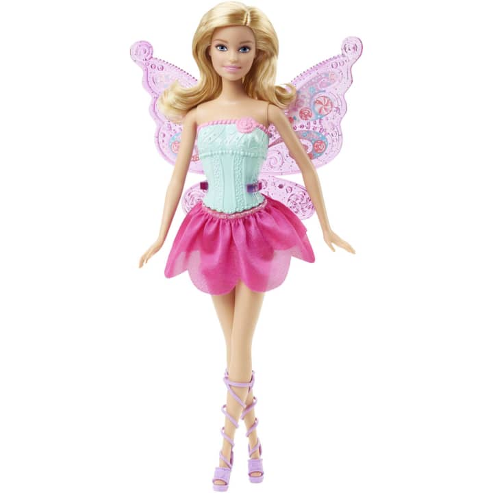 Shows Barbie dressed up in her fairy outfit.