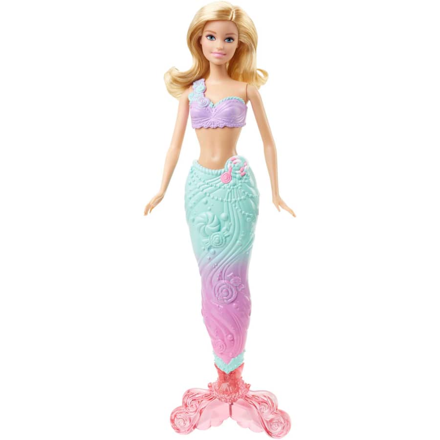 Shows Barbie dressed up in her mermaid outfit.