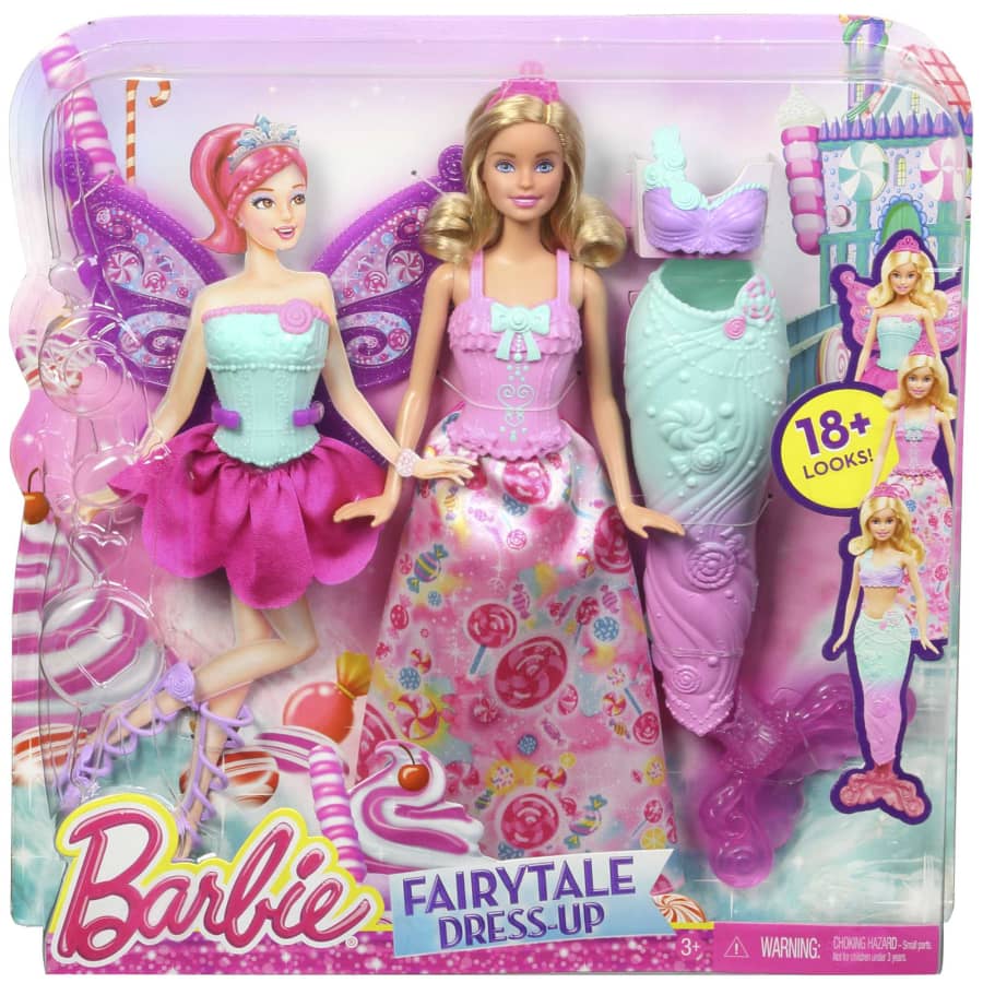Image of the packaging for Barbie Fairytale Dress-Up. The front is made from clear plastic so you can see the included parts inside.