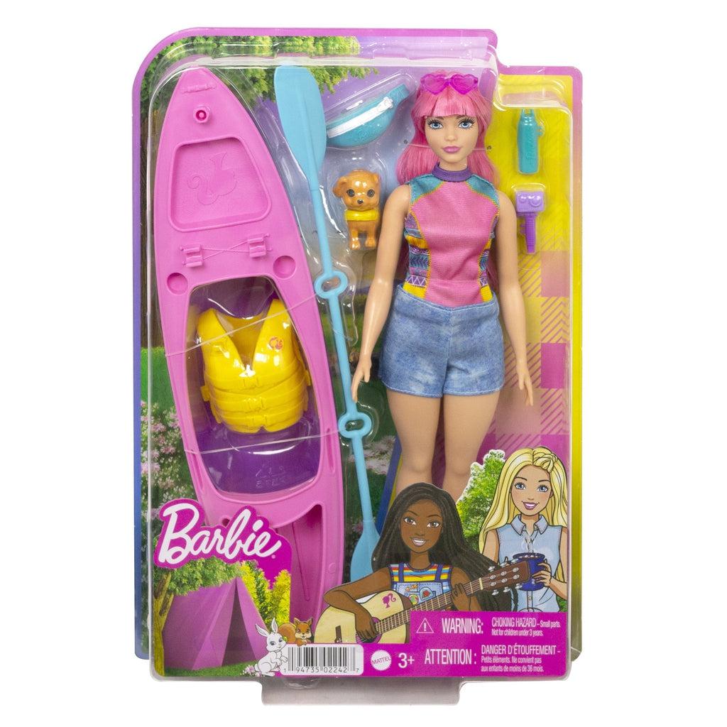 Image of the packaging for the Barbie It Takes Two Camping Daisy Doll set. The front is made from clear plastic so you can see all the included pieces inside.