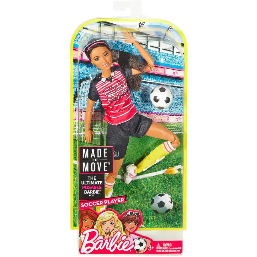 Image of the packaging for the Barbie Made to Move Soccer Player. The front is made from clear plastic so you can see the doll inside.