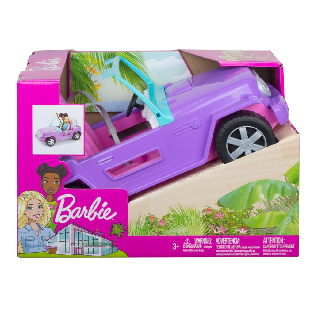 Image of the packaging for Barbie Off-Road Vehicle. The front of the box is cut away so you can see and touch the vehicle.