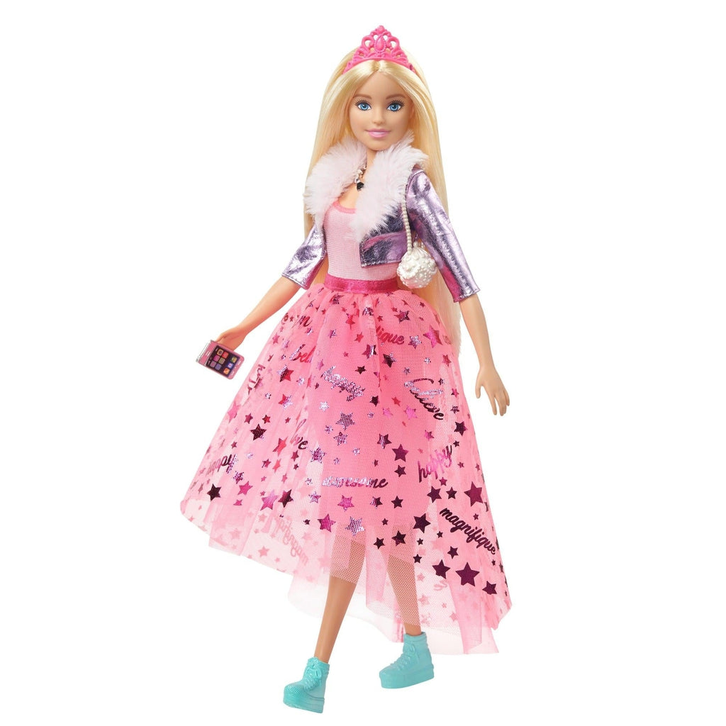 Image of Barbie outside of her packaging. She is wearing a pink crown, a pink princess dress, a fur coat, and blue shoes.