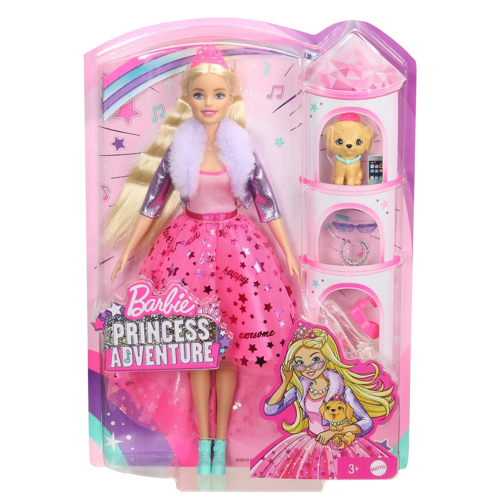 Image of the packaging for Barbie Princess Adventure Doll. The front is made from clear plastic so you can see the doll inside.
