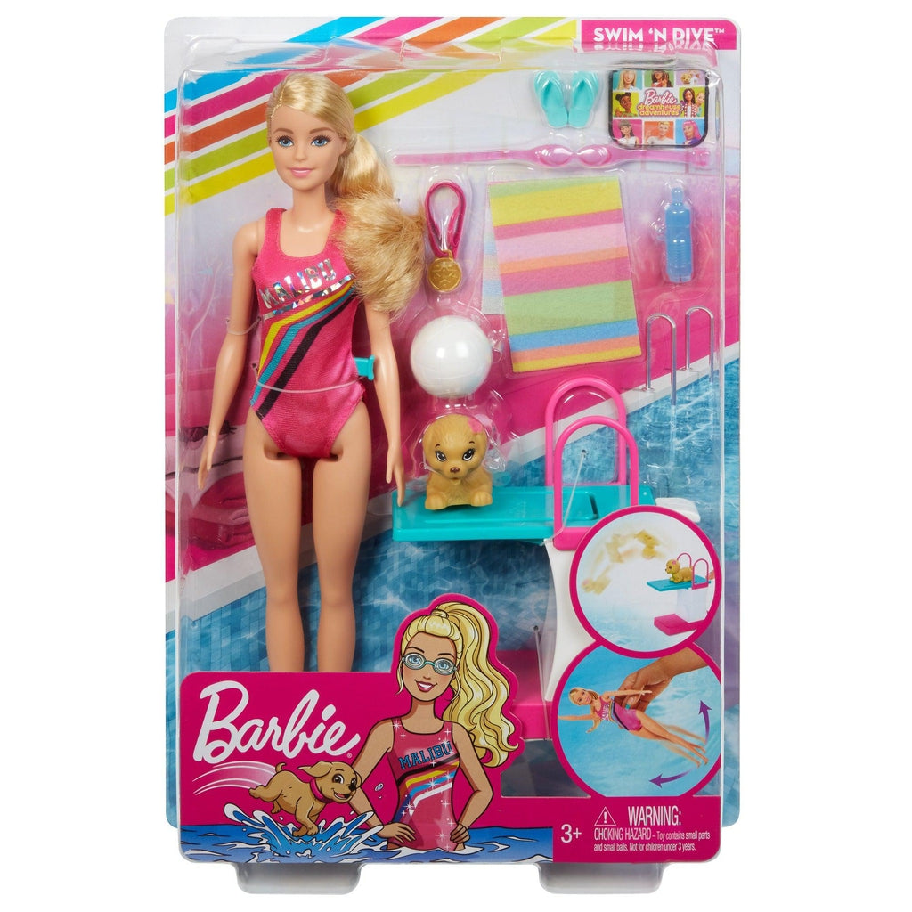 Image of the packaging for the Barbie Swim n' Dive doll. The front is made of plastic so you can see all the included pieces inside.