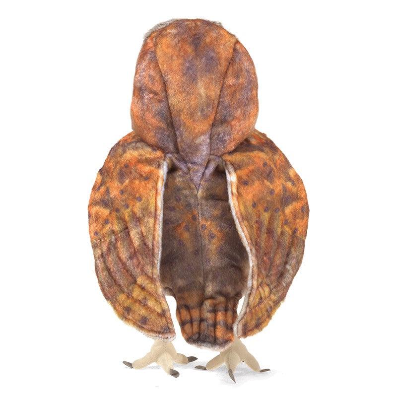Back of puppet | The back side of the head, wings, and torso are a fabric with multiple tones of brown and stitching to give a feather-like appearance.