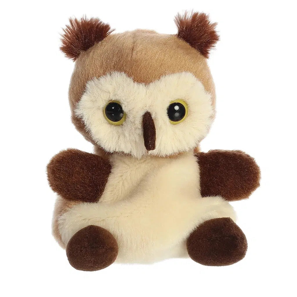 Image of the Barnie Owl plush. It has a light brown body with a tan face and belly. Its ears, arms, and feet are all a darker brown. It has yellow and black eyes.