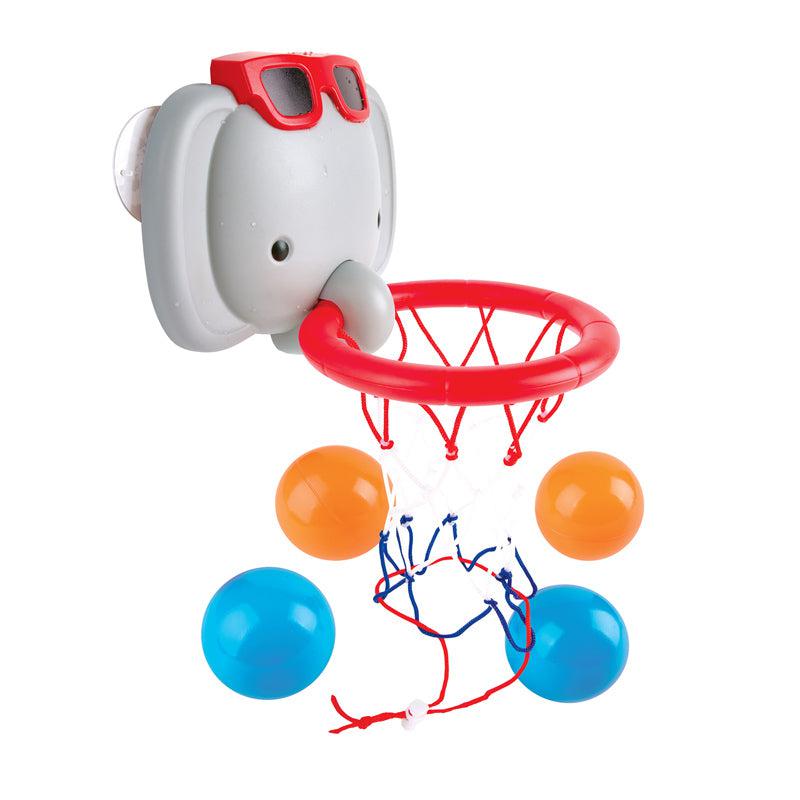 Image of the Basketball Elephant Pal bath toy. The elephant is wearing red sunglasses and is holding a basketball hoop with his trunk. The toy comes with four balls; two orange and two blue.