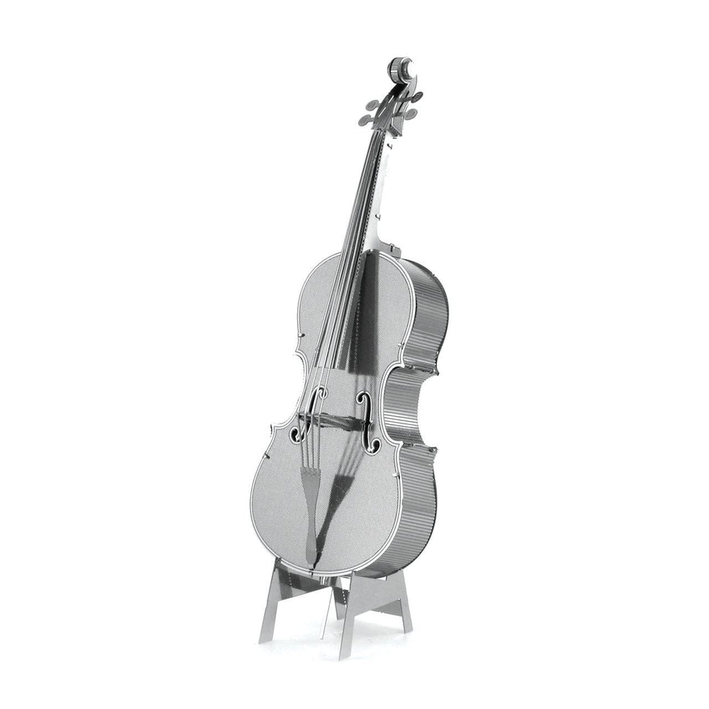 Image of the Bass Fiddle model. It is a metallic silver color of a violin. It comes with a stand. From the front you can see detailed metal strings on the model.