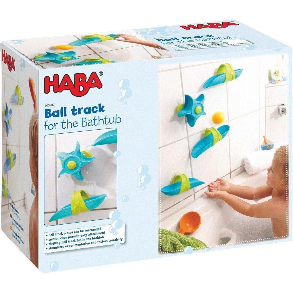 Image of the packaging for the Bathtub Ball Track. On the front of the box is a picture of a baby playing with the bath toy.