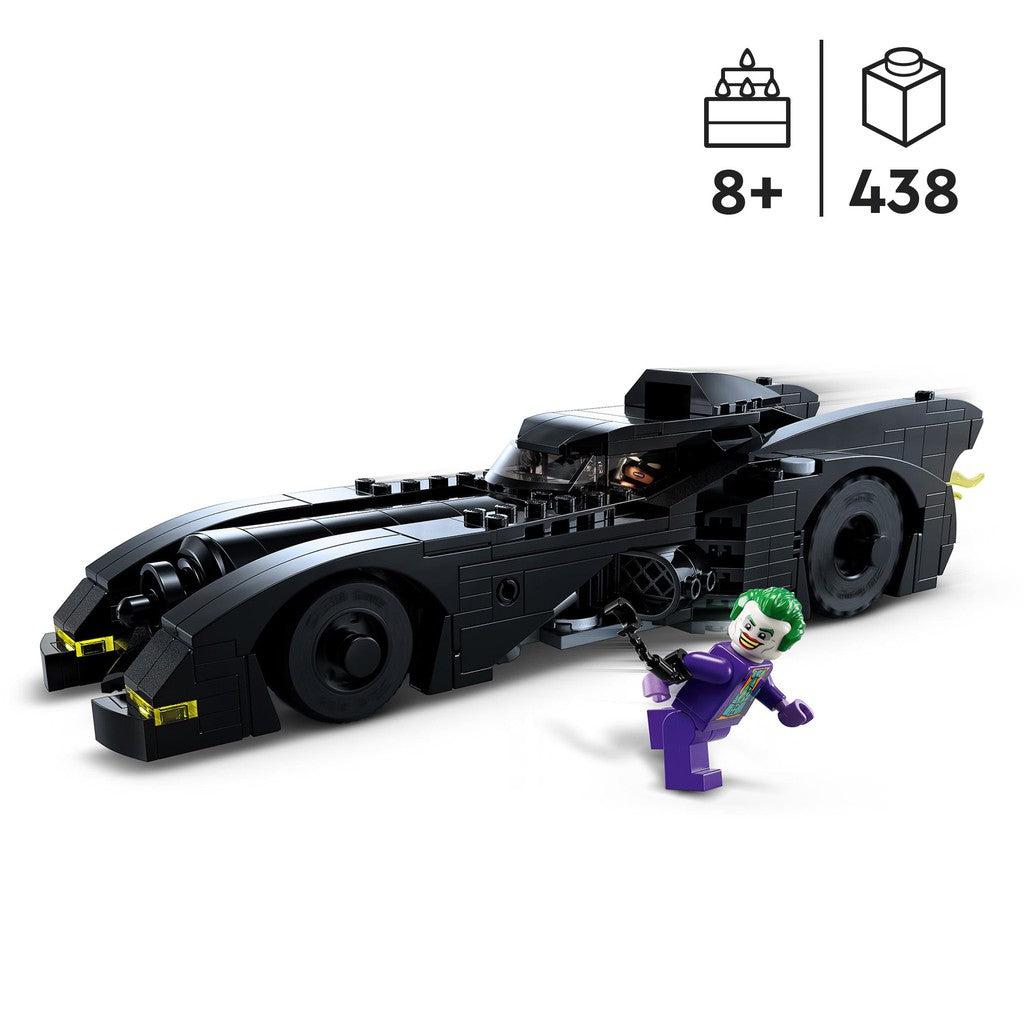 the LEGO batmobile is for ages 8+ with 438 LEGO pieces