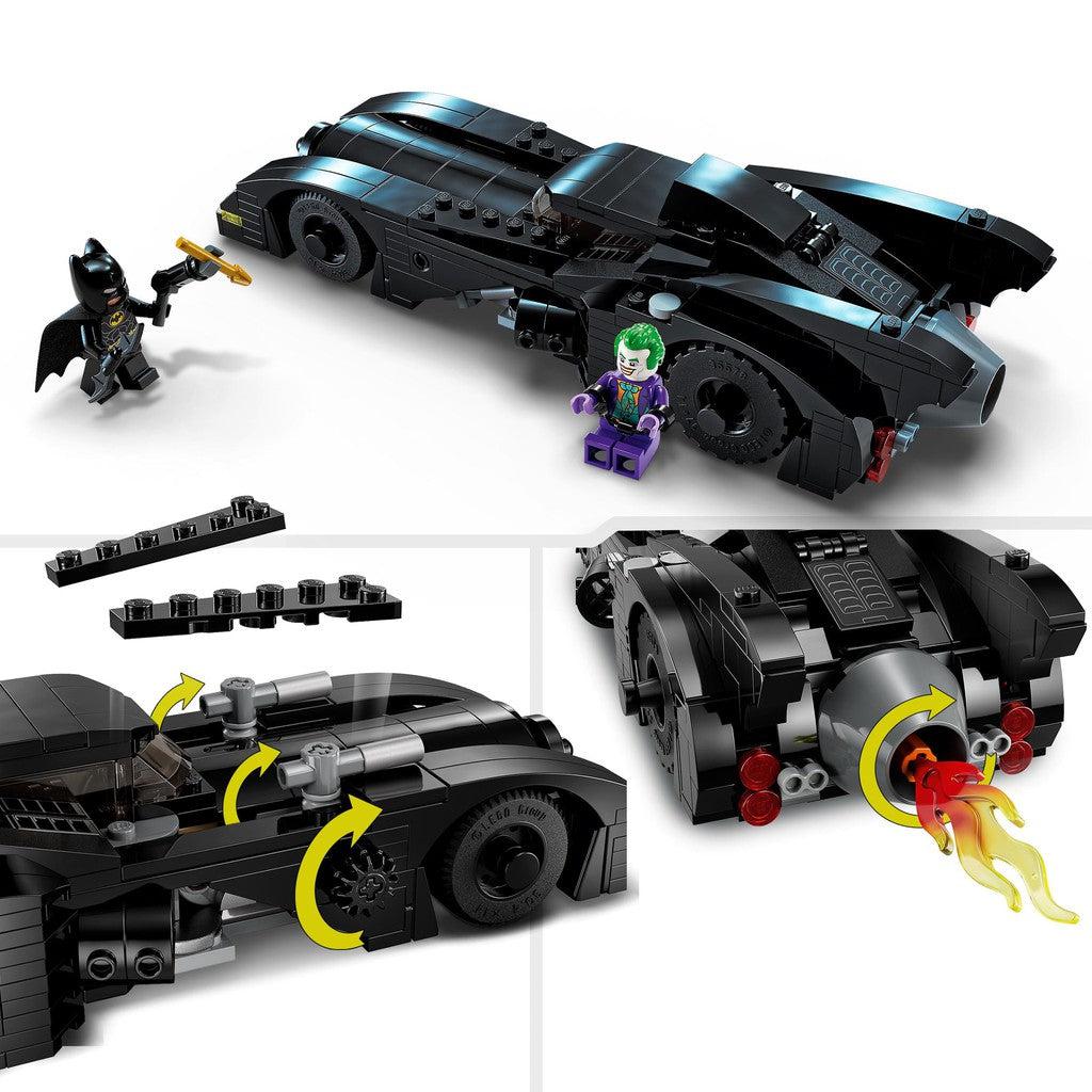 this image shows the batmobile with attachable blasters, a rotating fire engine in the back and so much more