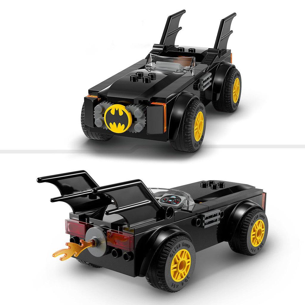 image shows teh front and back of the Batmobile. there are wings on the back and flames to propel the Batmobile forward with the power of imagination!