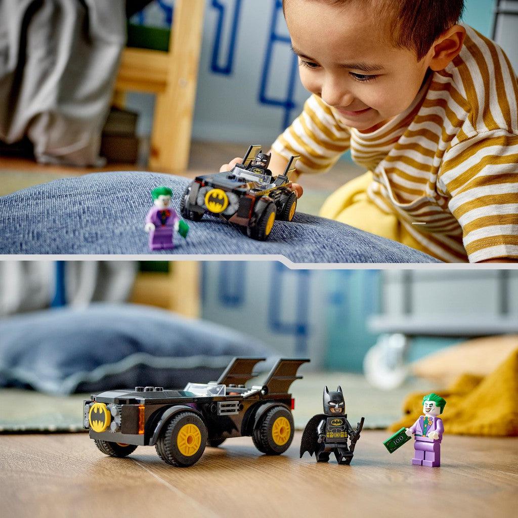 image shows a child using batman and the LEGO batmobile to stop joker in his tracks!