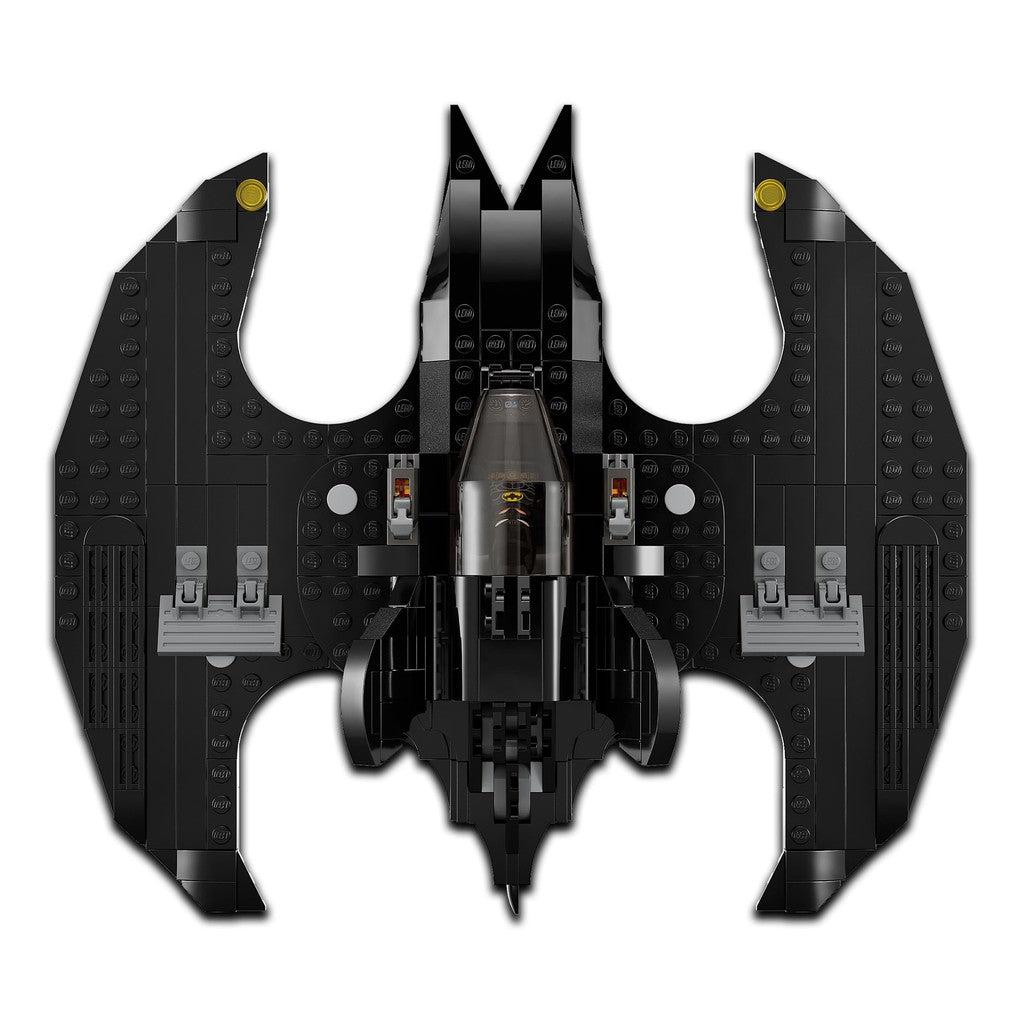 image shows the LEGO batwing from a birds eye view, there as a hatch for batman to enter and pilot the plane. 
