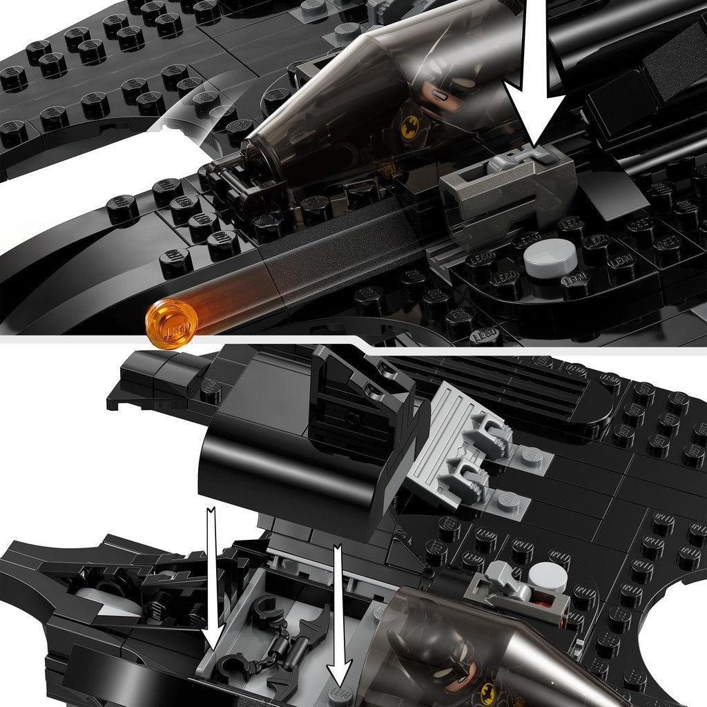 LEGO blasters are on the wings of teh hip that can launch small lego beads to defeat the Joker