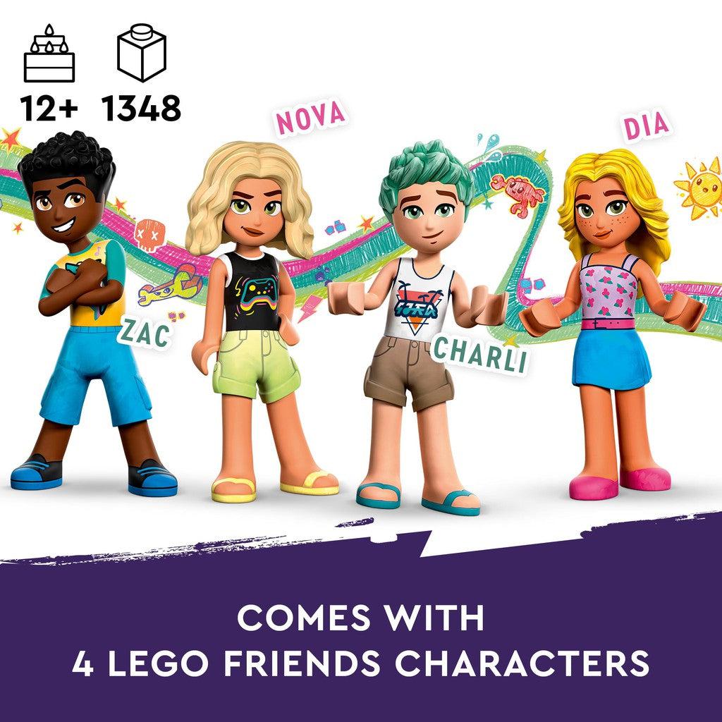 comes with 4 LEGO friends characters. for ages 12+ with 1348 LEGO pieces