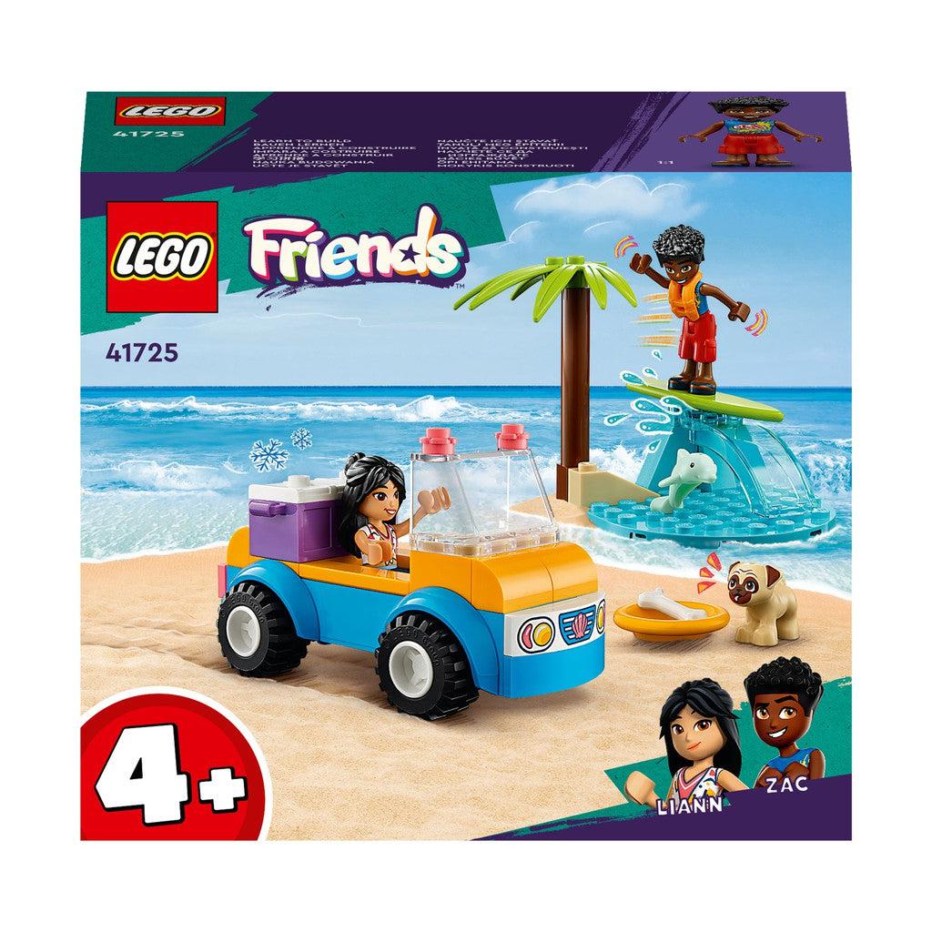 image shows the LEGO Friends set with Liann and Zac who are out for some fun on the beach to surf and ride the buggy.