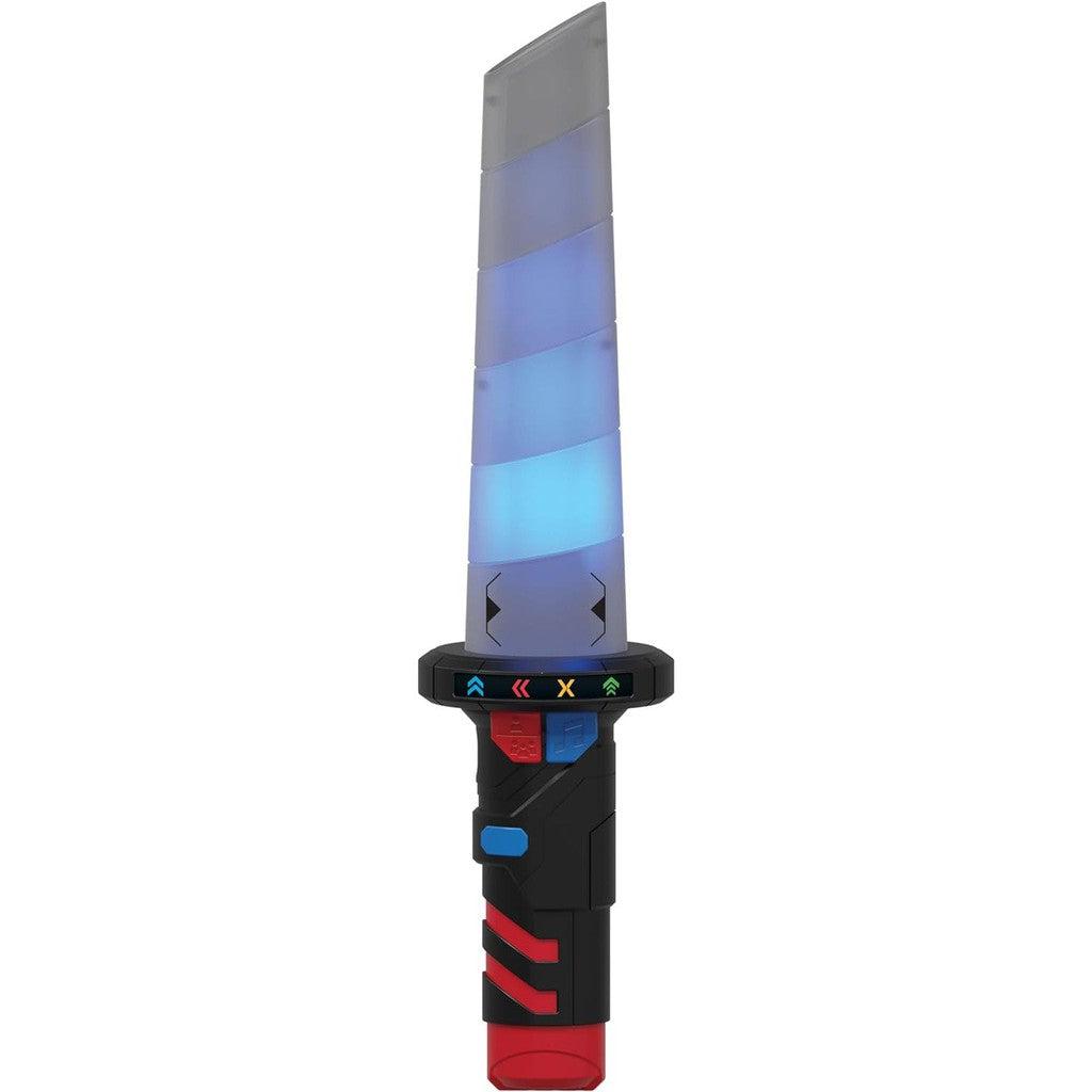 this image shows the saber with its buttons to start and the colors that can light up to indicate movement