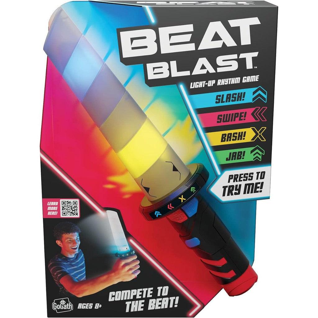 this image shows the beat blast, a mini saber with differnt colors that indicate what to do. there is a slash motion, swipe, bash and jab. blast to the music to play the game. 