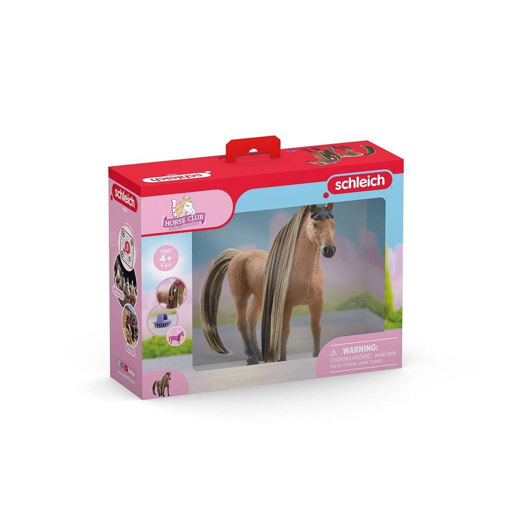 Image of the packaging for the Beauty Horse Achal Tekkiner Stallion figurine. Part of the front is made from clear plastic so you can see the toy inside.
