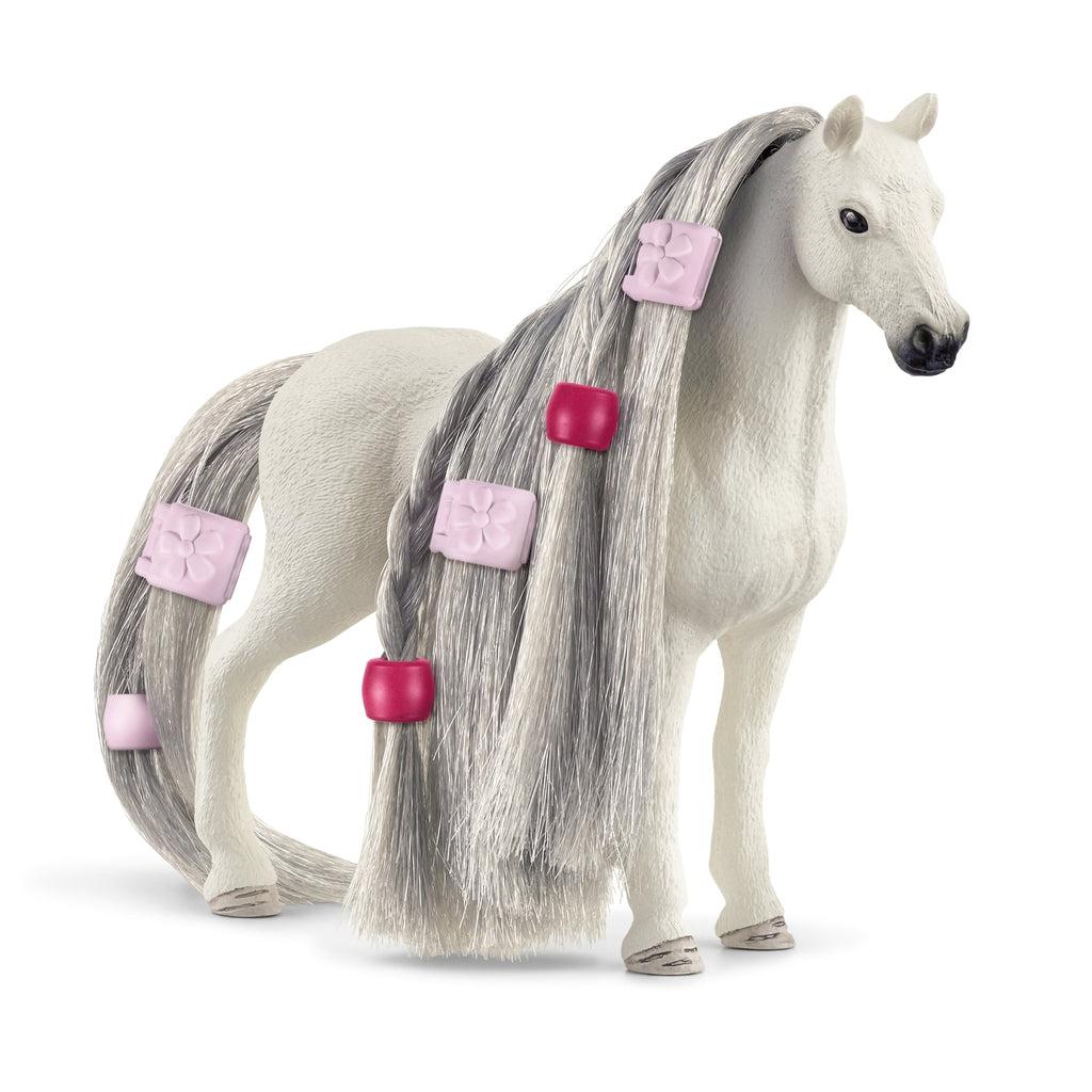 Image of the Beauty Horse Quarter Mare figurine. It is a white horse with long silvery hair that can be braided and beaded.