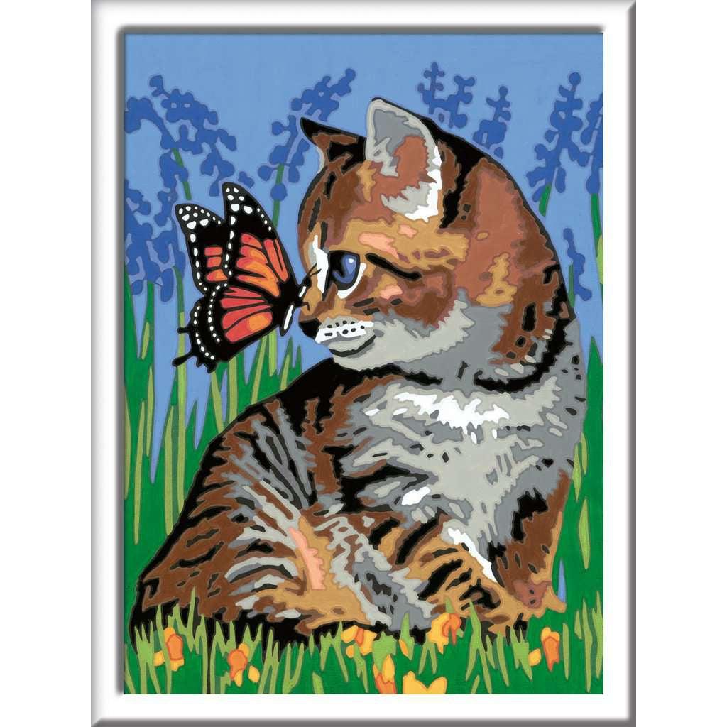 the finished product of the painting with the cat staring at the butterfly on its nose. the butterfly is a dazzling shade of orage and the cat has dark yet vibrant colors to them.. the blue background is accented more with the bluebonnet flower. 