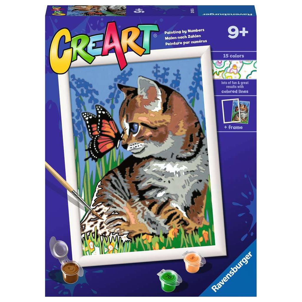 The CreArt best friends feature a butterfly resting on a cats nose. the cat is playing in a field where bluebonnets are swaying in the background. a frame comes with the painting and 15 paints