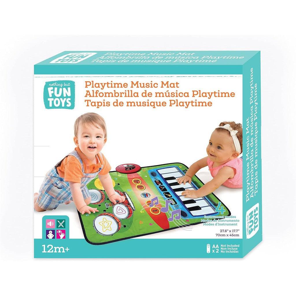 this image shows the bright blue box for the playtime music mat. there are two toddlers slapping the mat to make some noise