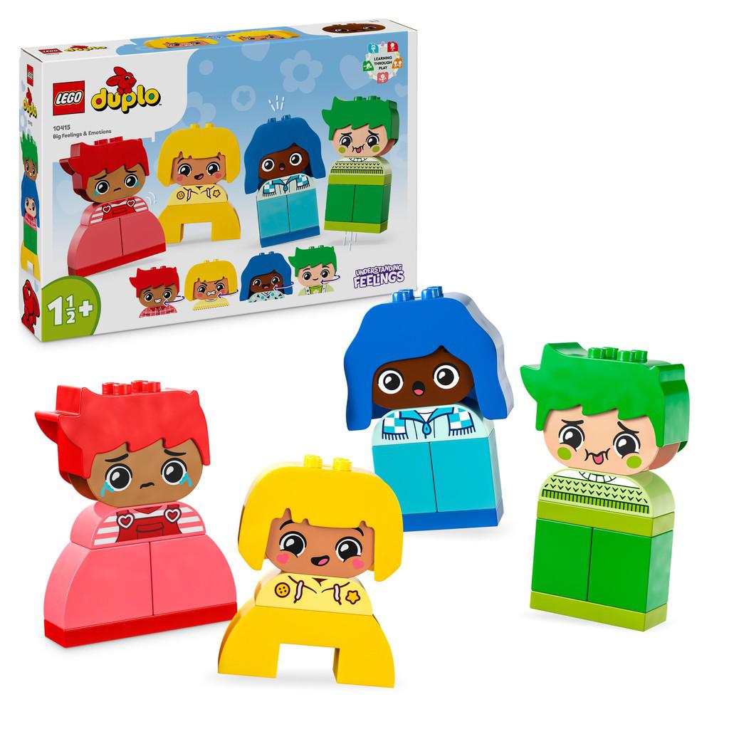 LEGO DUPLO 4 characters with different colors showing off expressive faces 