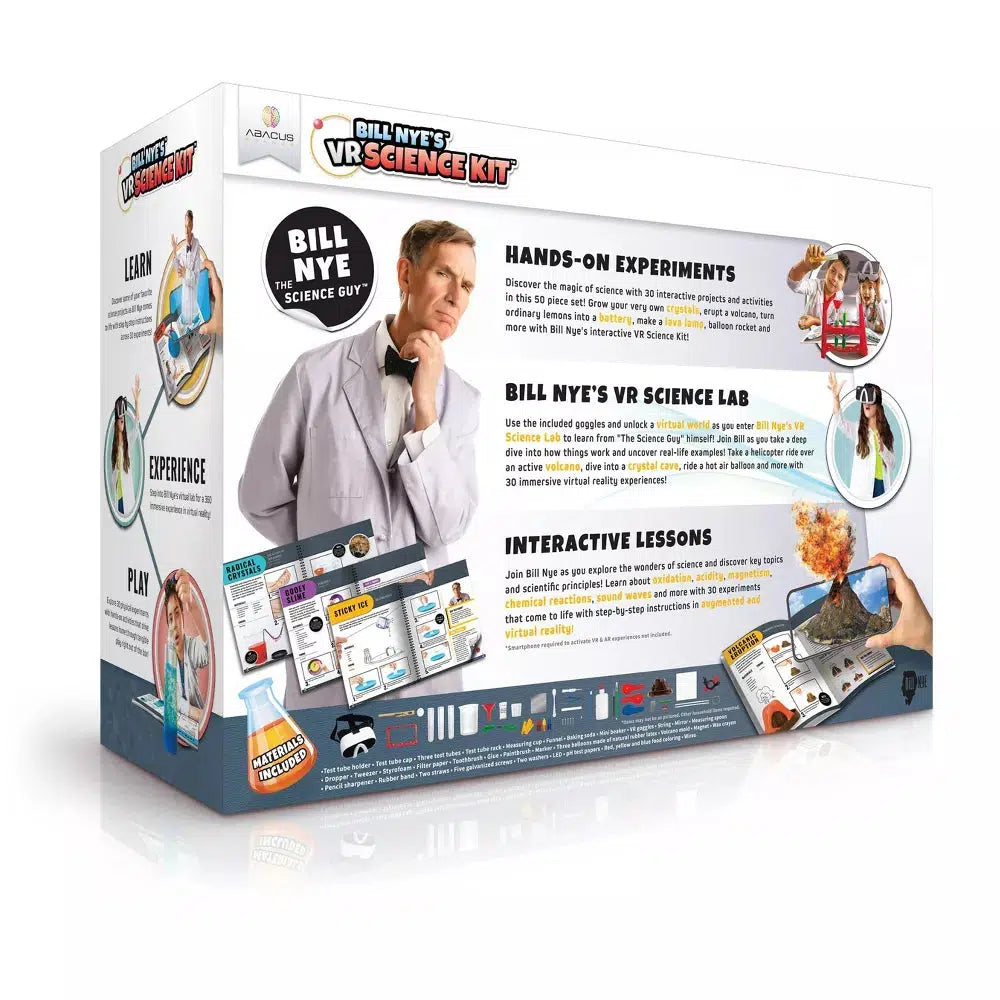 the back of the box promotes hands on experiments, bill nye's science lab and interactive lessons to learn about science. 