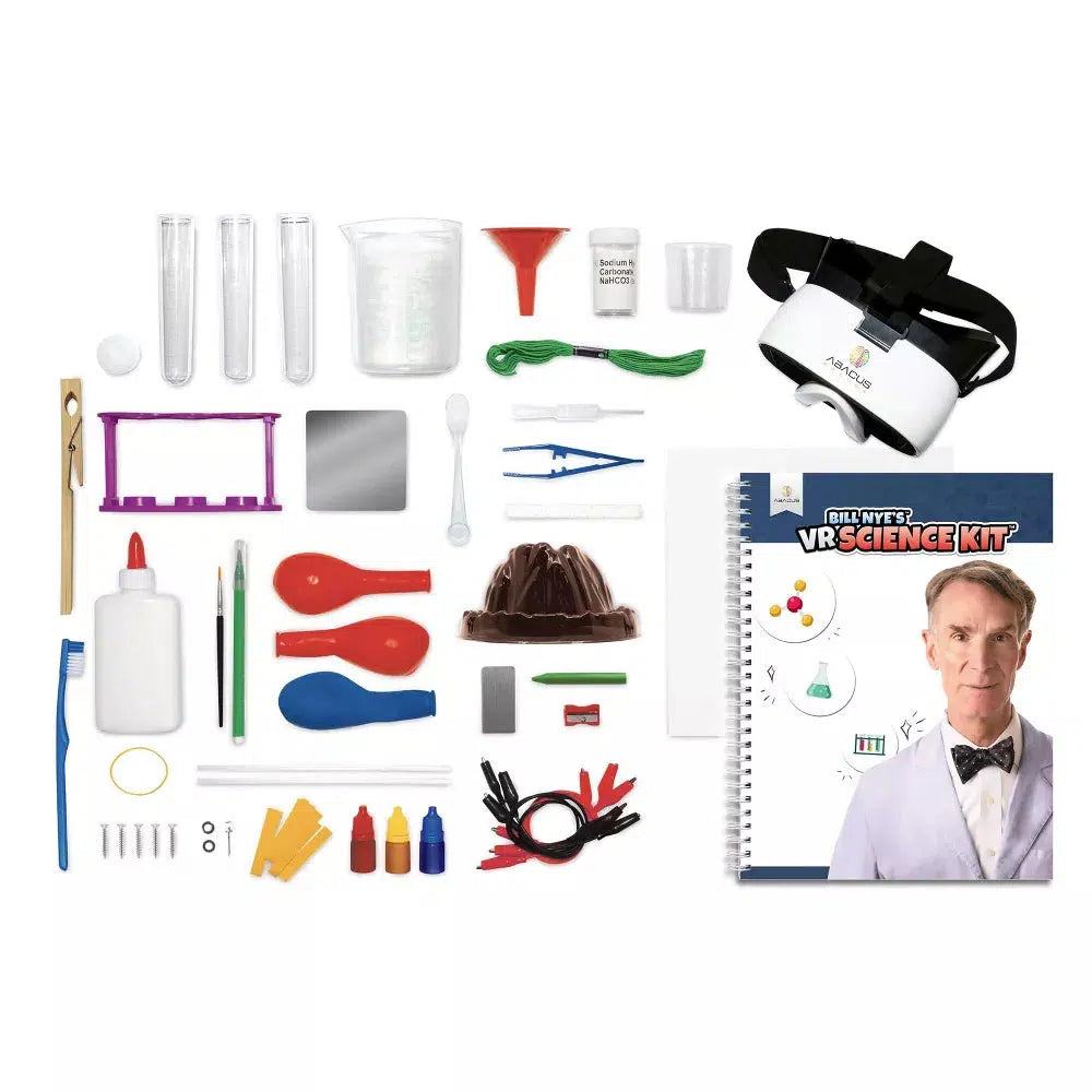 this image shows everything in the kit, from the book, vr headset, beakers, dye, and tools needed to learn will bill nye