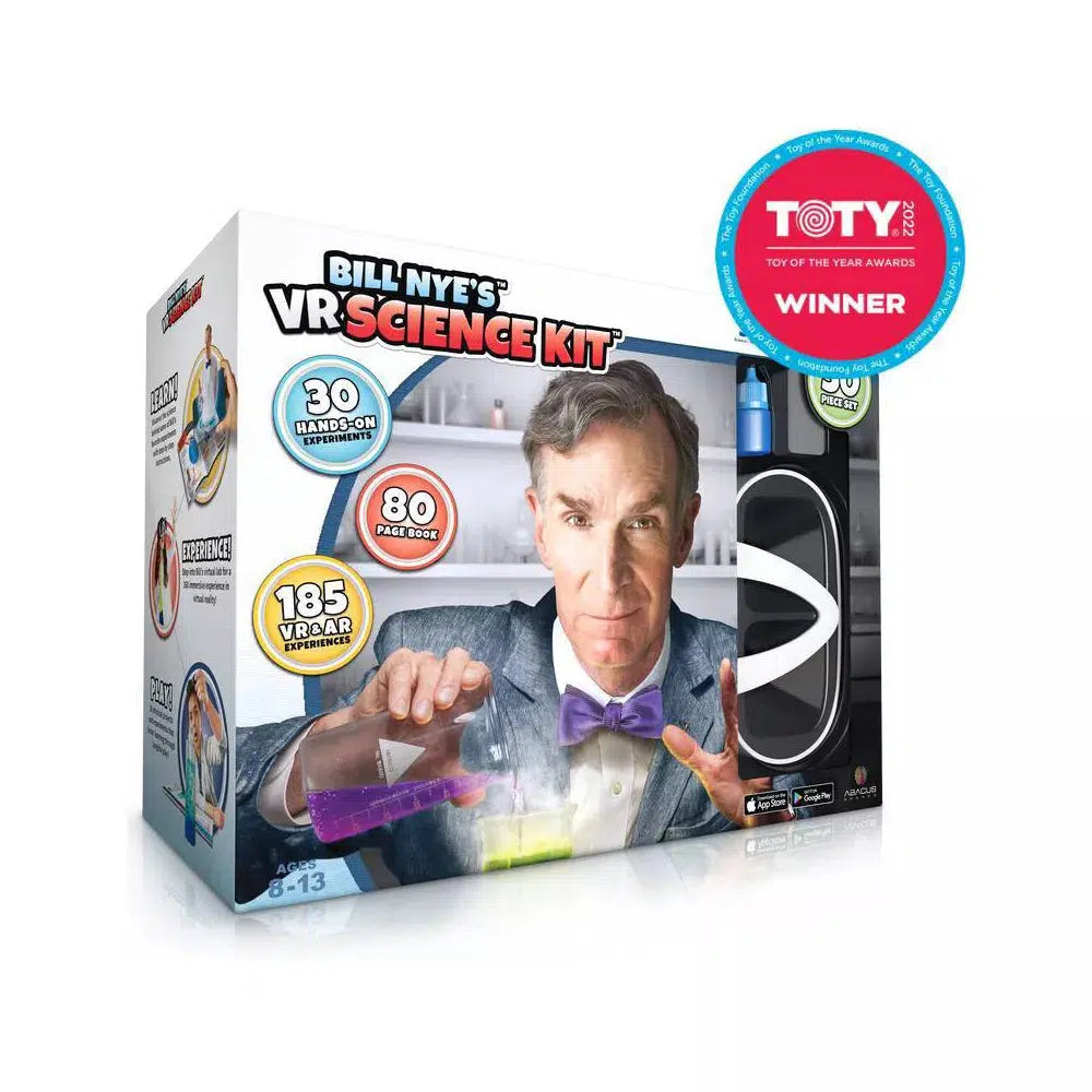 this image shows the bill nye science kit with a vr headset to learn with bill nye. 