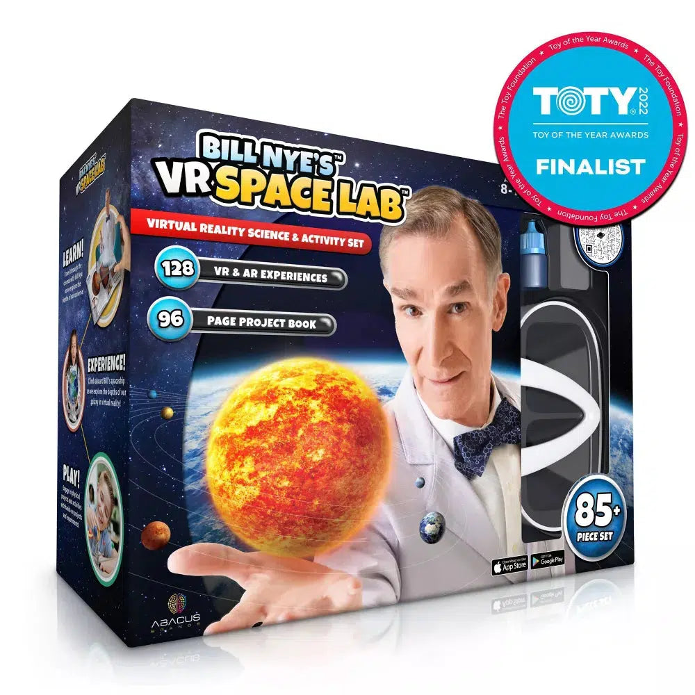 image shows the box for the br space lab. bill nye is on the cover of the box holding the sun in the palm of his hand