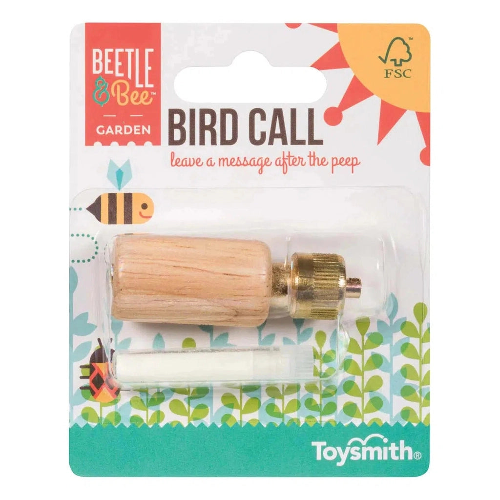 bird call made of a wooden cylinder with a twisting brass cap on one end in blister packaging