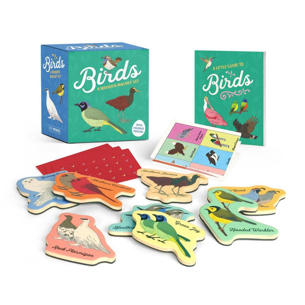 image shows a box, bird guide with images of birgs, and magnets with images of birds