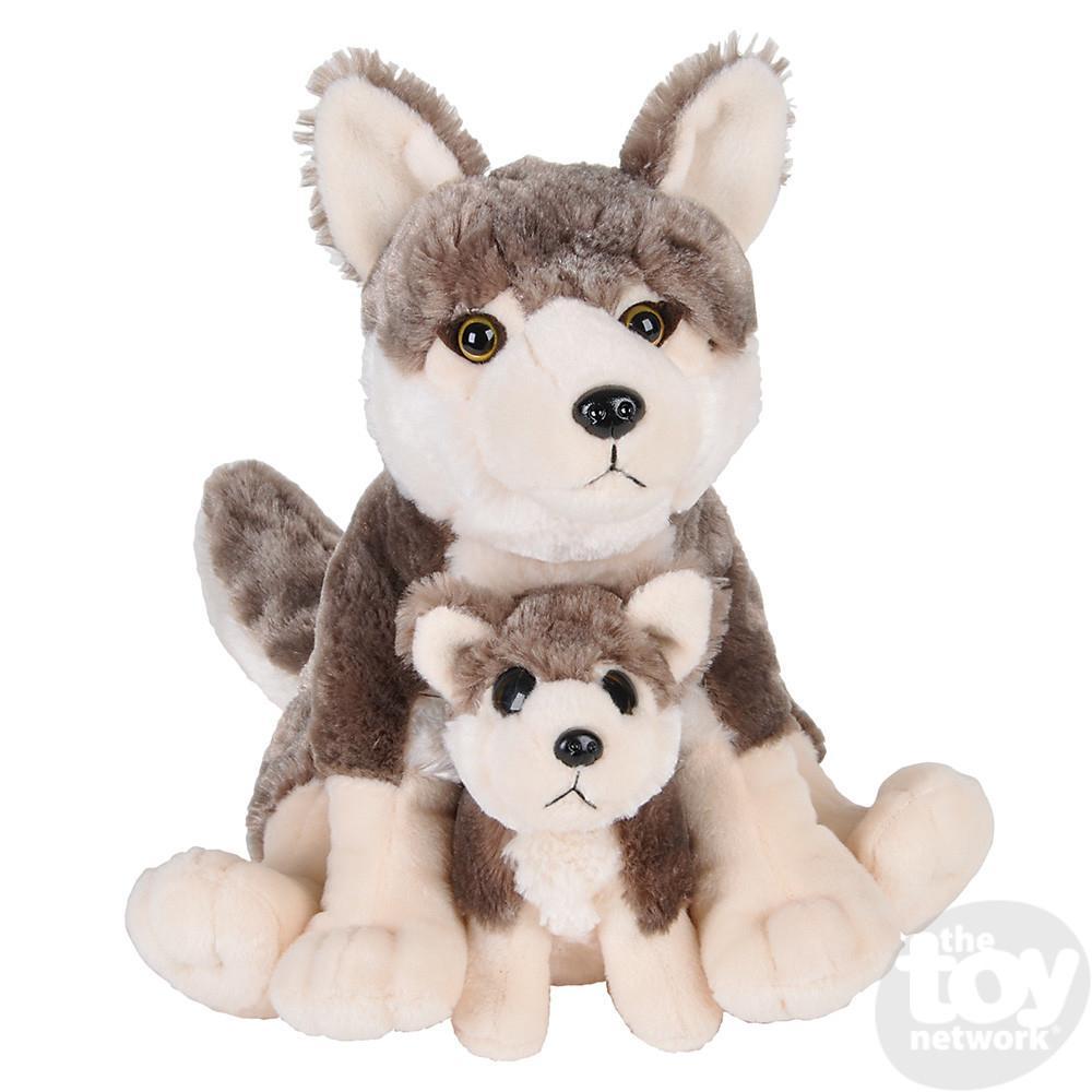 Image of the Birth of Life Wolf plush set. It comes with a mom wolf and a baby wolf. Both are cream and grey with yellow eyes.