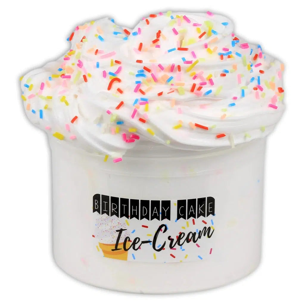 Image of the open Birthday Cake Ice Cream slime. It is a opaque white slime and it comes with small rainbow sprinkles.