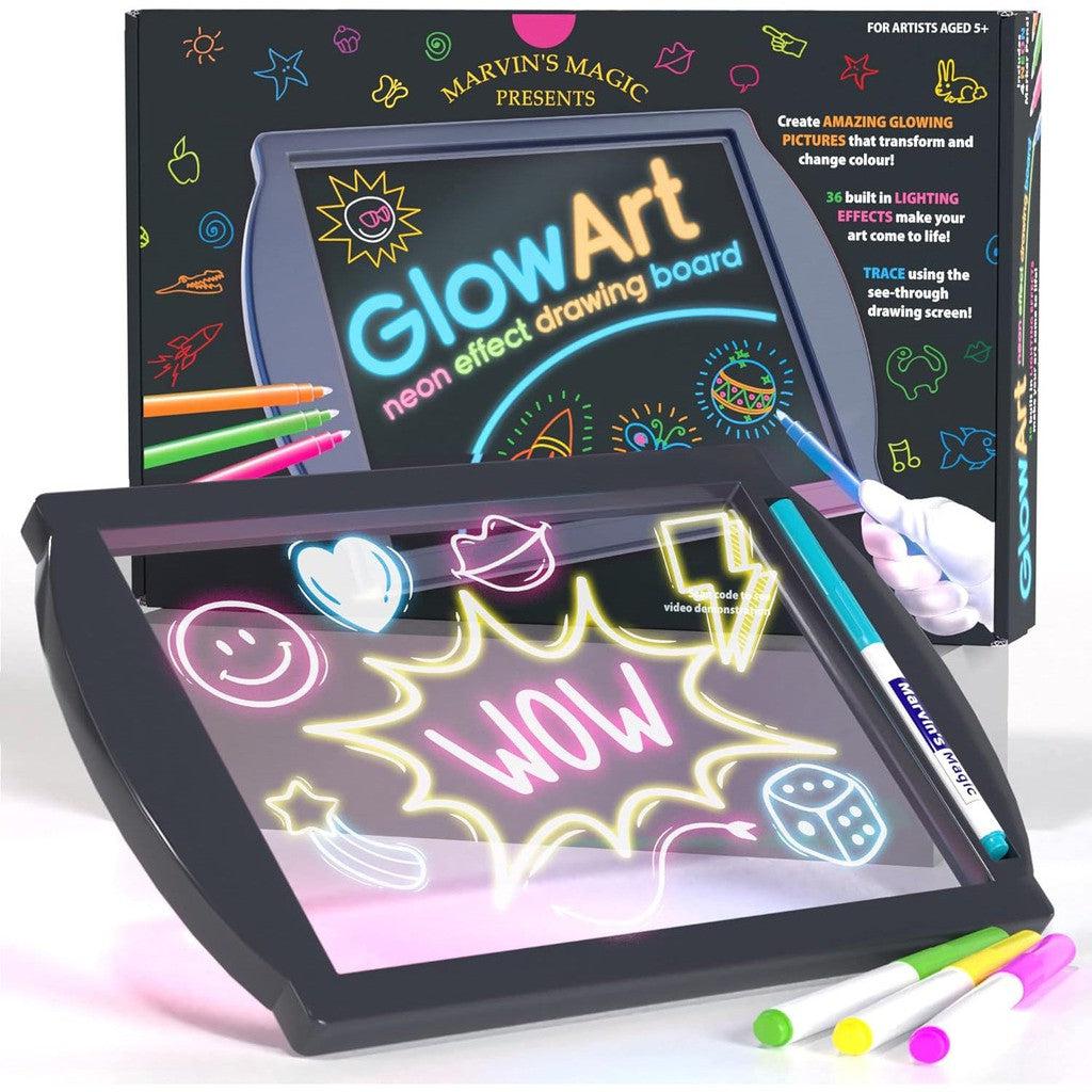 this image shows the neon drawing board from marvins magic! the board is see through but you can draw in it with different neon colors!