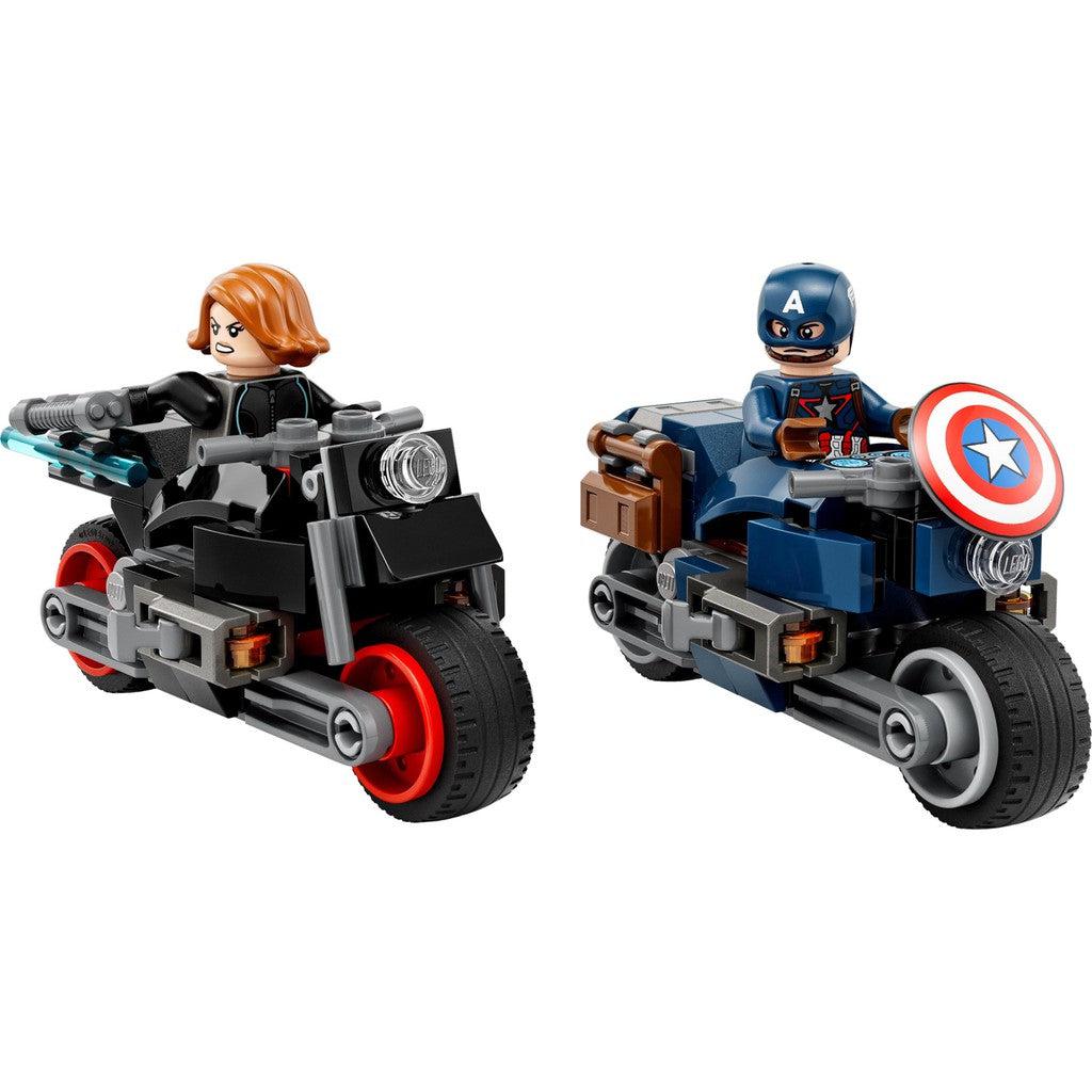 this image shows black widow and Captain America. on a motorcycle. the shield is on the front of the motorcycle for Captain America