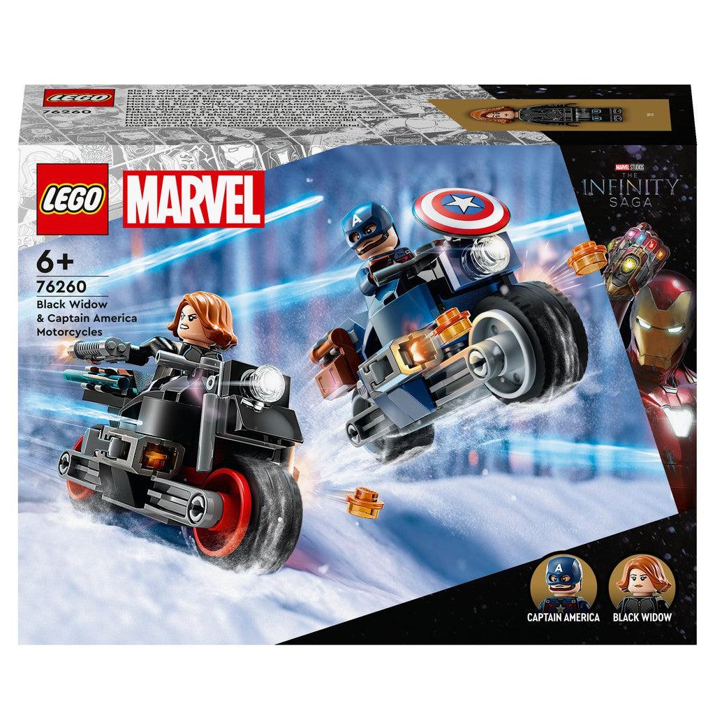 image shows teh LEGO Marvel Black Widow & Captain America on motorcycles! The mototcycles have blasters attatched to them as they speed around!