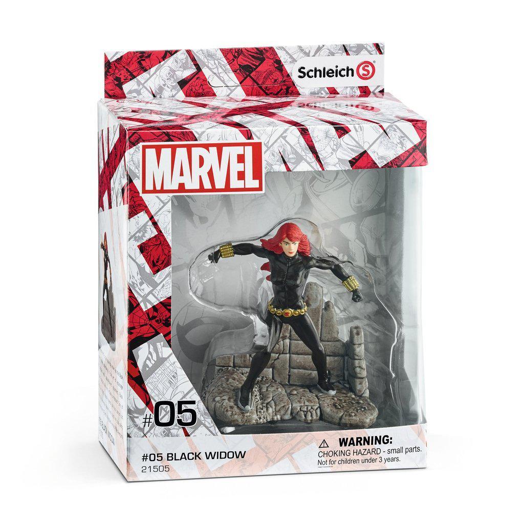 Image of the packaging for the Black Widow figurine. Most of the front is made from clear plastic so you can see the toy inside.